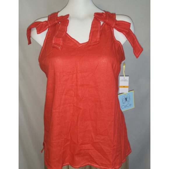 CeCe Poppy Red Size Small Sleeveless Blouse Bows NWT - Picture 1 of 4